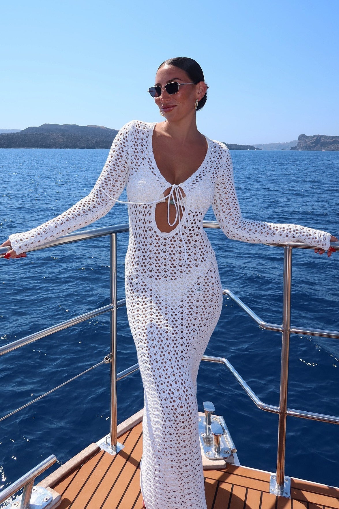 White Crochet Tie Front Maxi Dress Beach Style