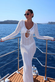 White Crochet Tie Front Maxi Dress Beach Style