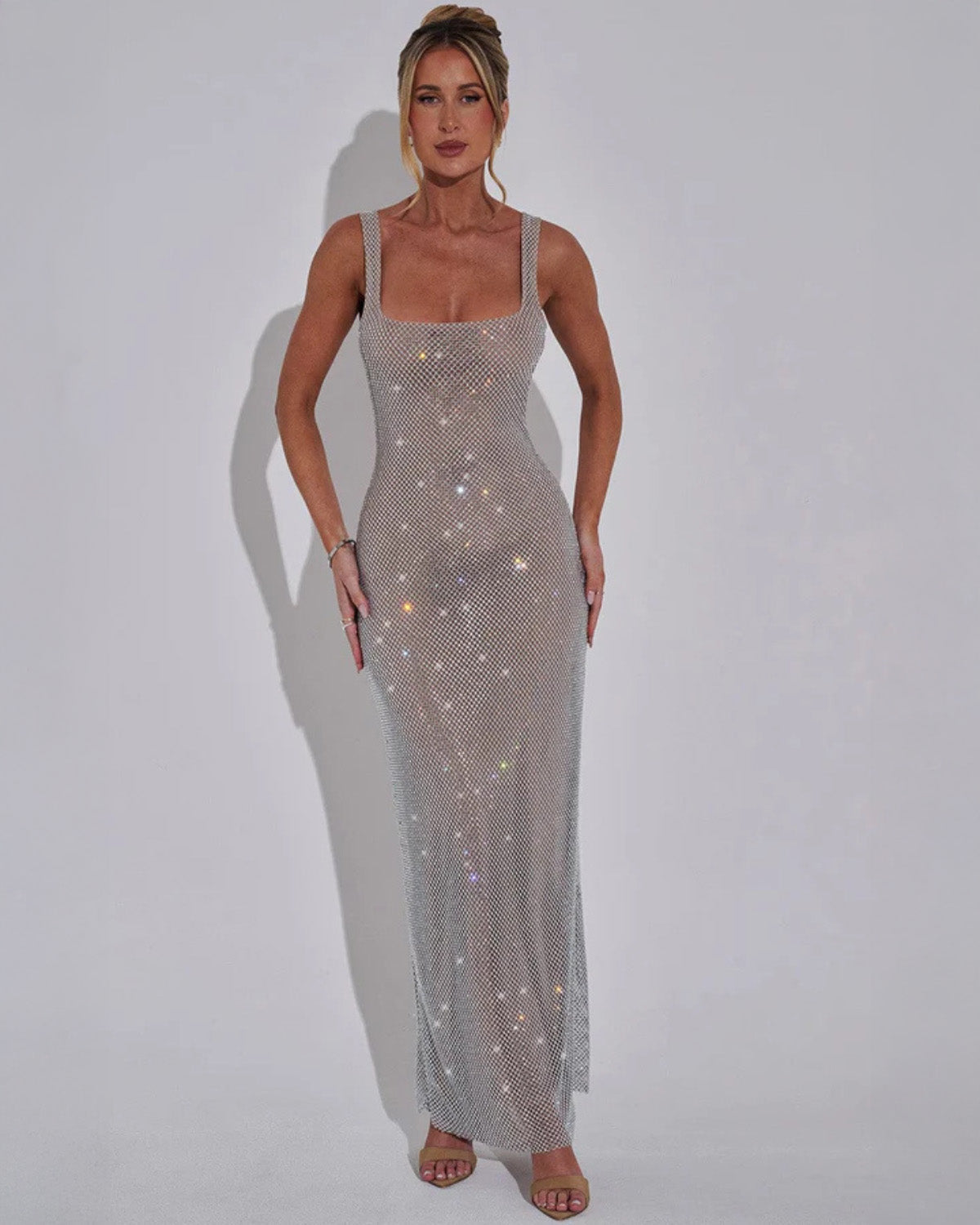 Celeste Embellished Evening Gown with Square Neckline