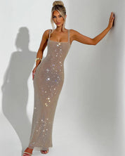 Celeste Embellished Evening Gown with Square Neckline