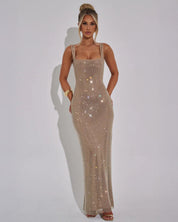 Celeste Embellished Evening Gown with Square Neckline