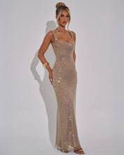 Celeste Embellished Evening Gown with Square Neckline