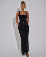 Celeste Embellished Evening Gown with Square Neckline