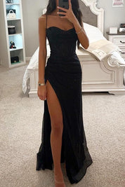 Stella Summer Corset Maxi Dress with Slit and Spaghetti Straps