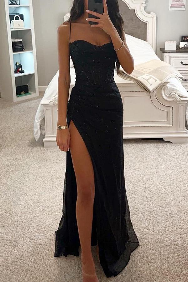 Stella Summer Corset Maxi Dress with Slit and Spaghetti Straps