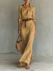 Elena Belted Lapel Maxi Dress – Tailored Everyday Elegance