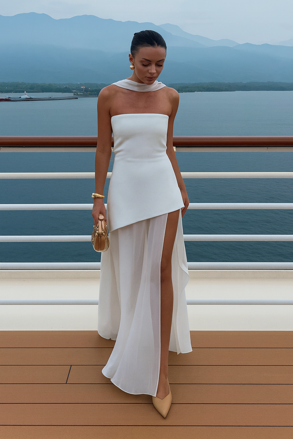 Lisa Flowing Evening Gown with Sheer High Neckline