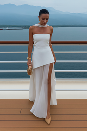 Lisa Flowing Evening Gown with Sheer High Neckline