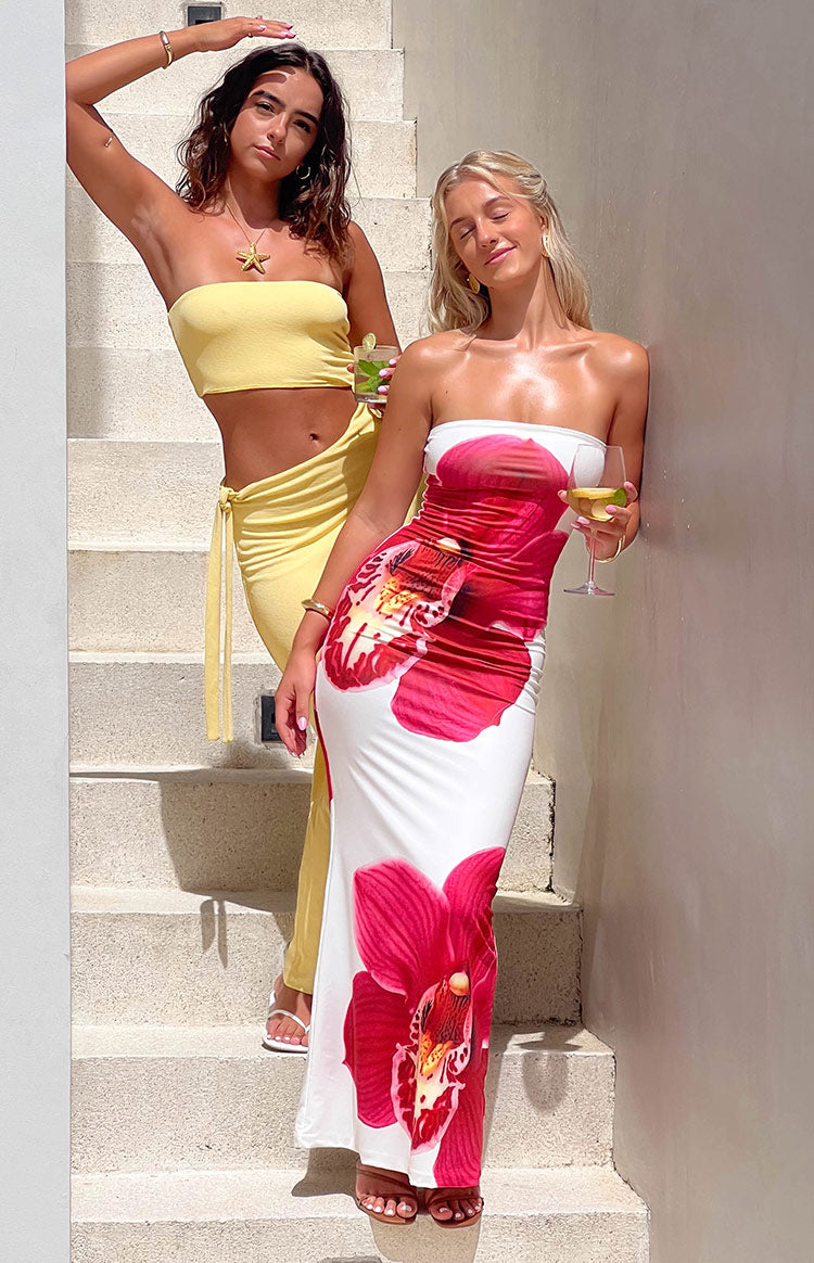 Californian White Orchid Print Maxi Dress
