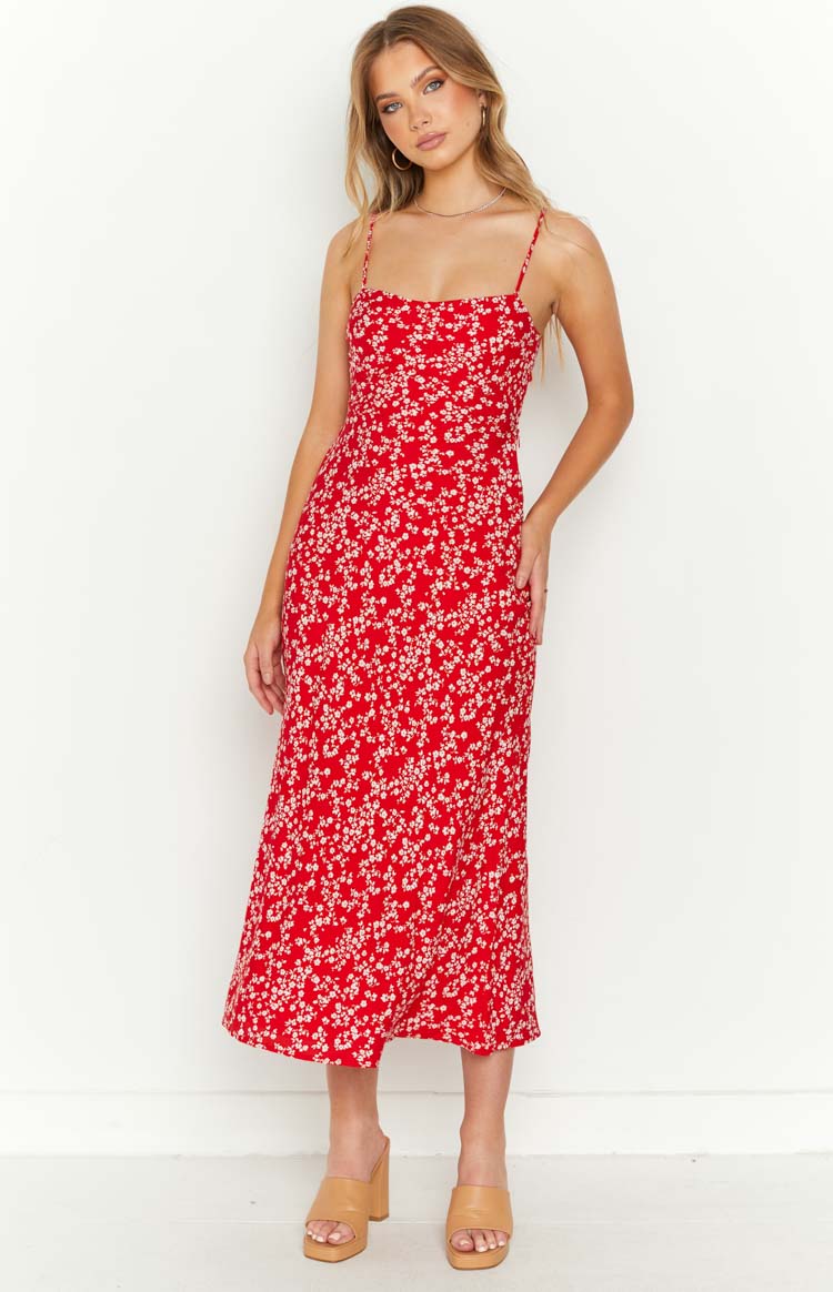 Red Floral Midi Dress