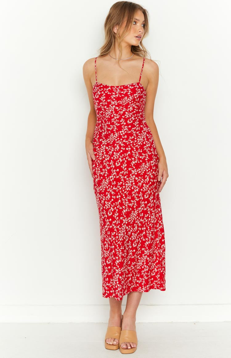 Red Floral Midi Dress