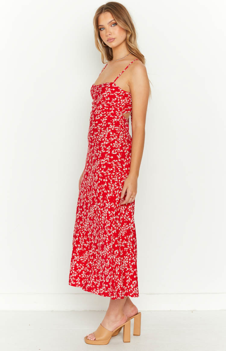 Red Floral Midi Dress