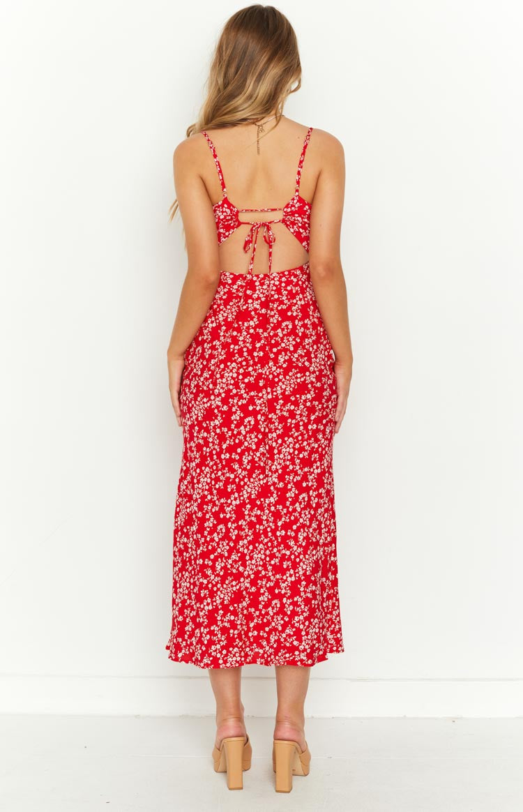 Red Floral Midi Dress