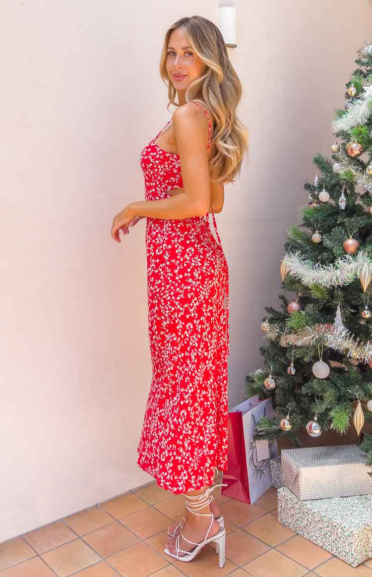 Red Floral Midi Dress