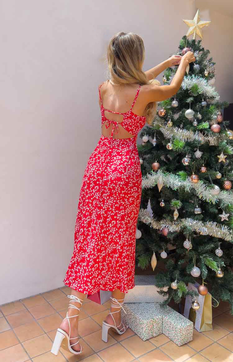Red Floral Midi Dress