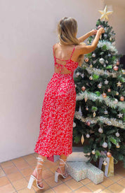 Red Floral Midi Dress