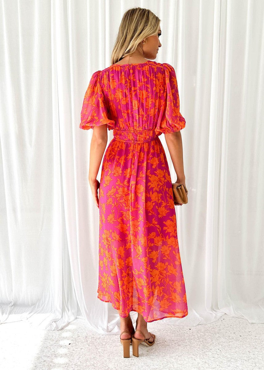 Sarah Summer Floral Midi Dress with Puff Sleeves