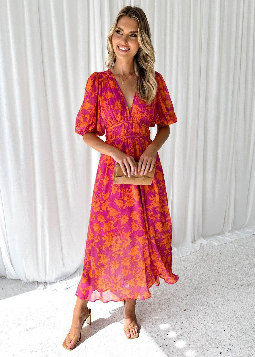 Sarah Summer Floral Midi Dress with Puff Sleeves