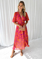 Sarah Summer Floral Midi Dress with Puff Sleeves