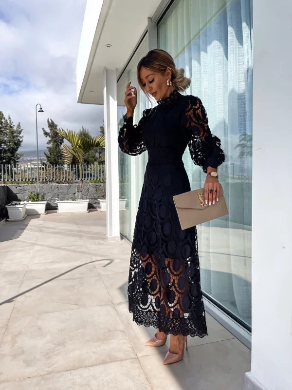 Olivia Lace Midi Dress with High Neckline