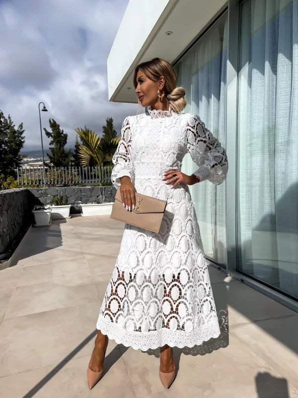 Olivia Lace Midi Dress with High Neckline