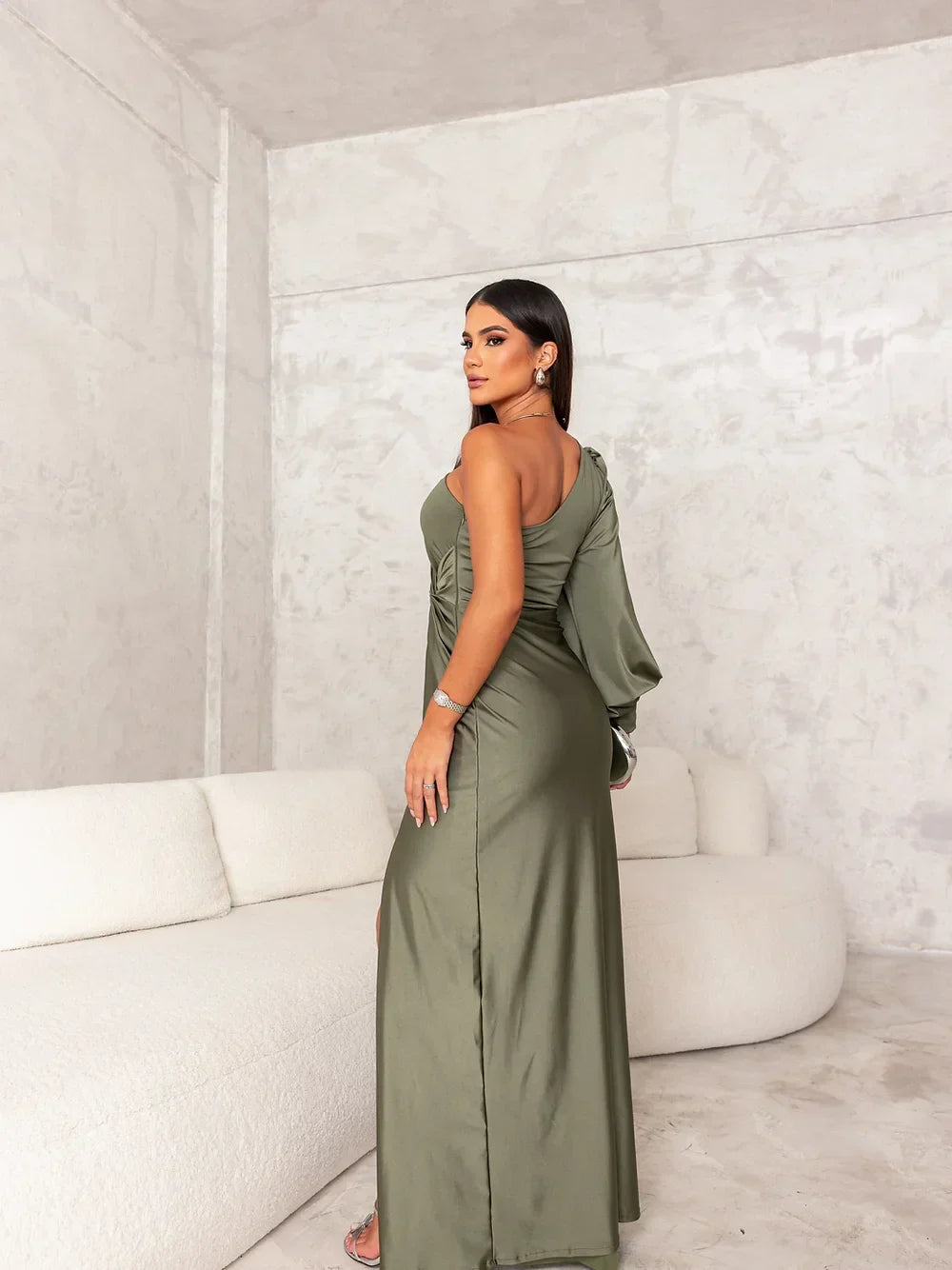 Kelly One-Shoulder Satin Evening Dress with Draped Knot & High Slit