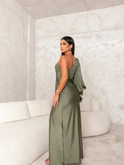 Kelly One-Shoulder Satin Evening Dress with Draped Knot & High Slit