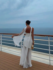 Lisa Flowing Evening Gown with Sheer High Neckline