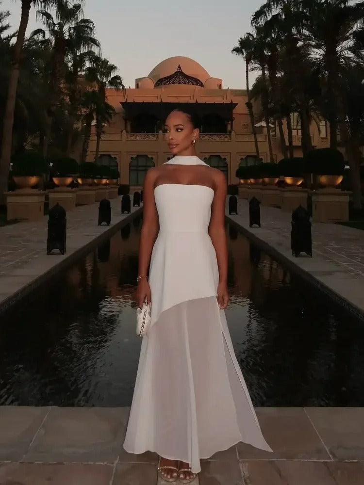 Lisa Flowing Evening Gown with Sheer High Neckline