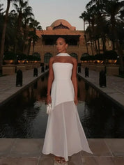 Lisa Flowing Evening Gown with Sheer High Neckline