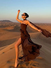 Lisa Flowing Evening Gown with Sheer High Neckline