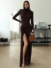 Grace High-Neck Draped Dress with Thigh-High Slit