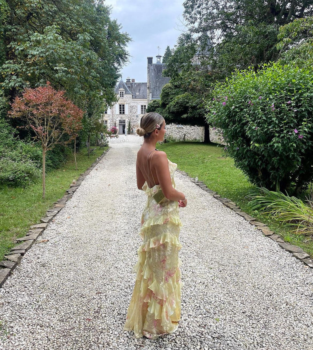 Juliet Flowing Pastel Ruffle Maxi Dress with Open-Back Detail