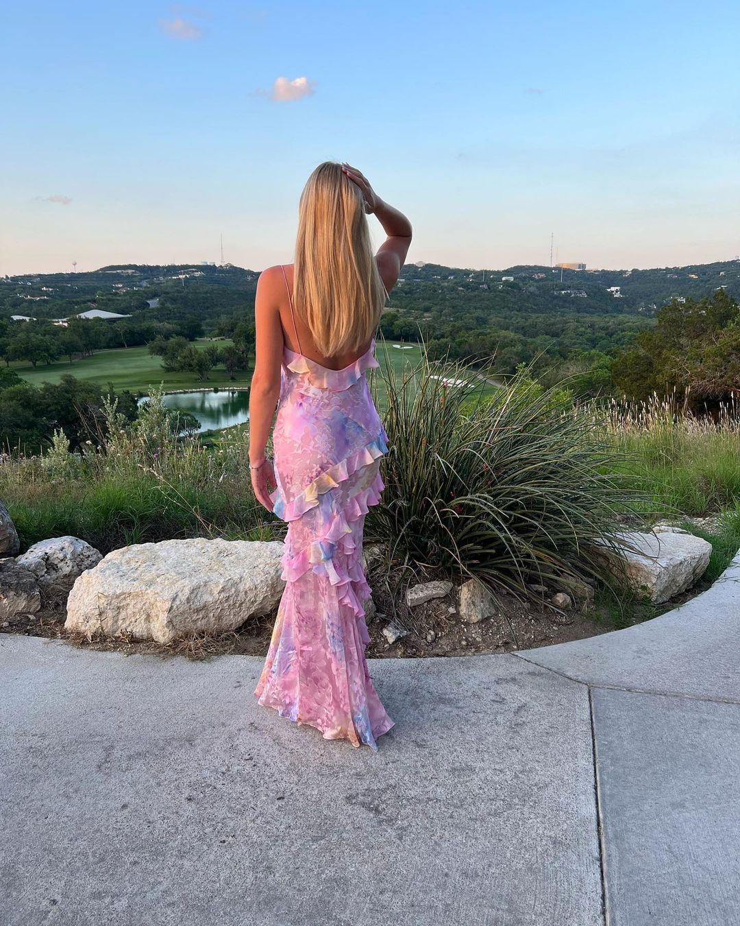 Juliet Flowing Pastel Ruffle Maxi Dress with Open-Back Detail