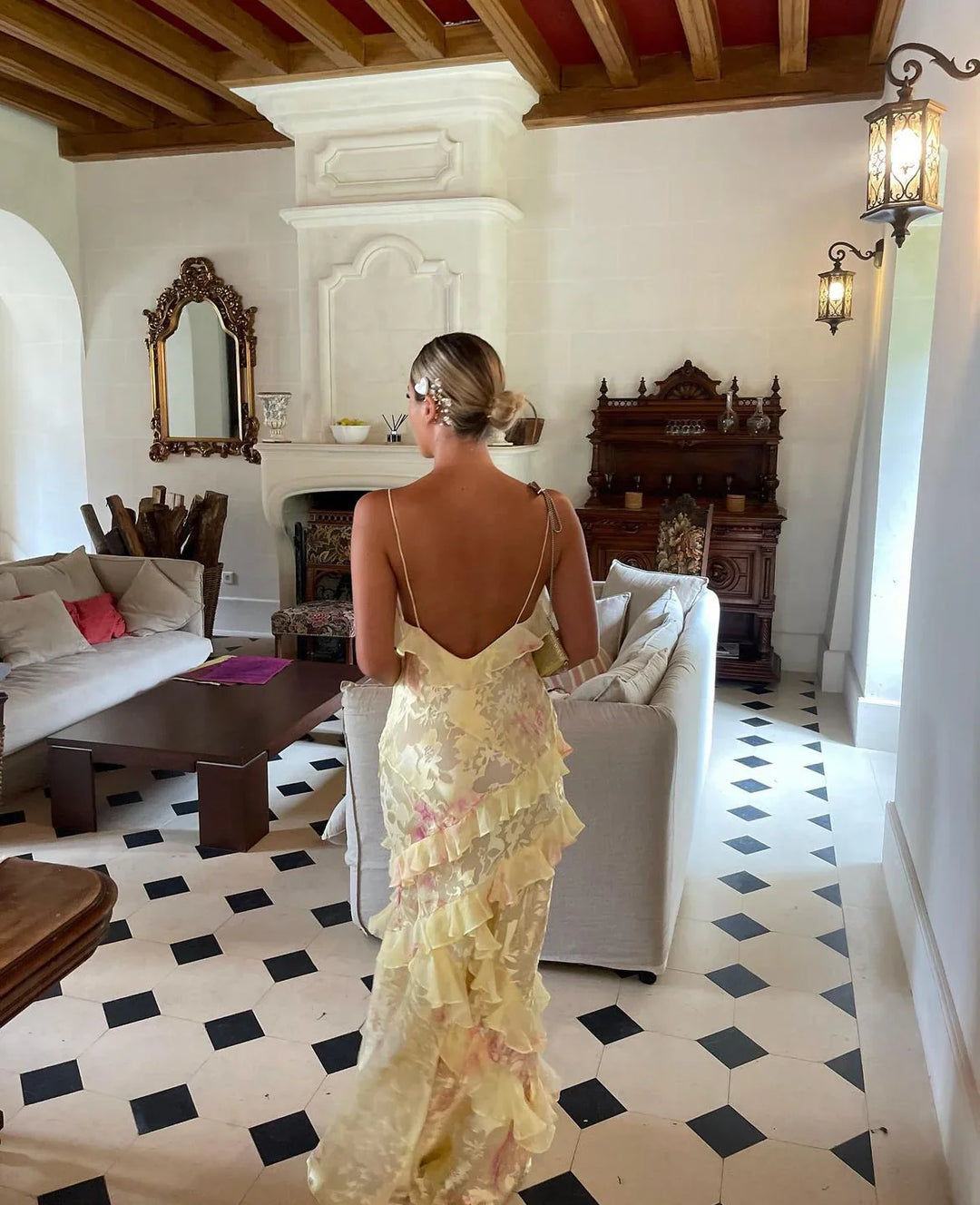 Juliet Flowing Pastel Ruffle Maxi Dress with Open-Back Detail