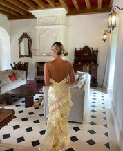 Juliet Flowing Pastel Ruffle Maxi Dress with Open-Back Detail