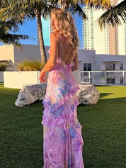 Juliet Flowing Pastel Ruffle Maxi Dress with Open-Back Detail