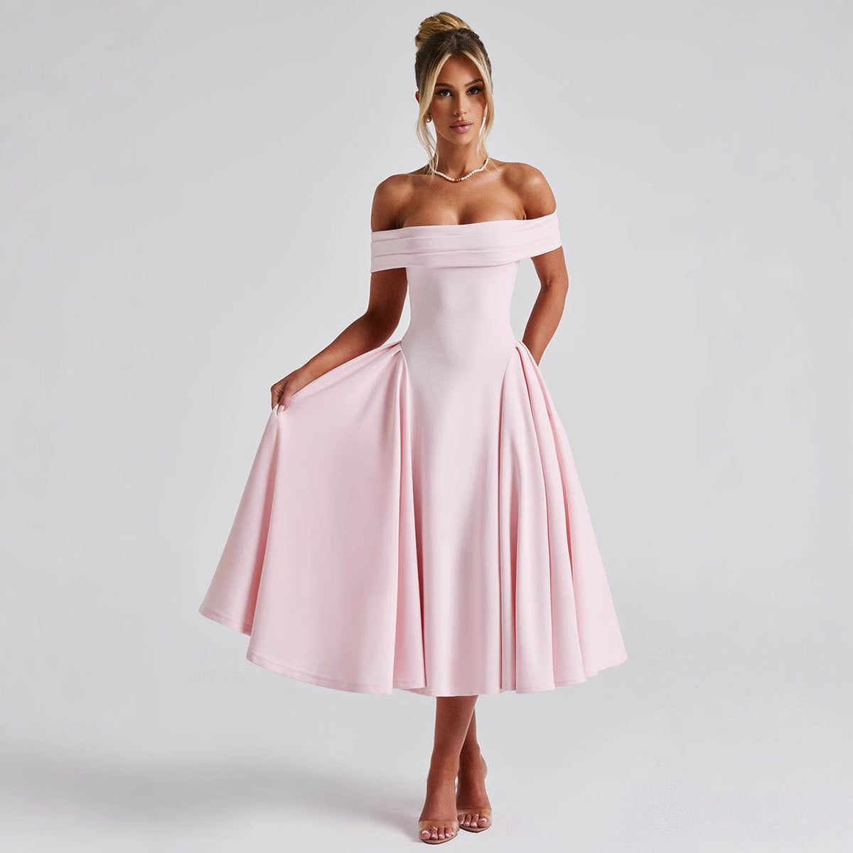 Moa Off-Shoulder Midi Dress – Structured Elegance