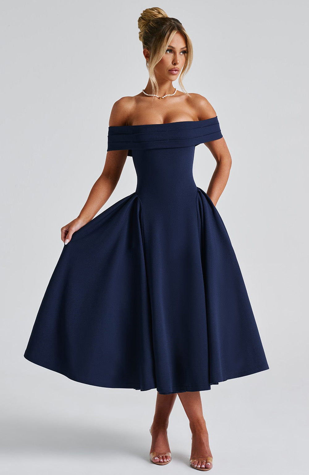 Moa Off-Shoulder Midi Dress – Structured Elegance