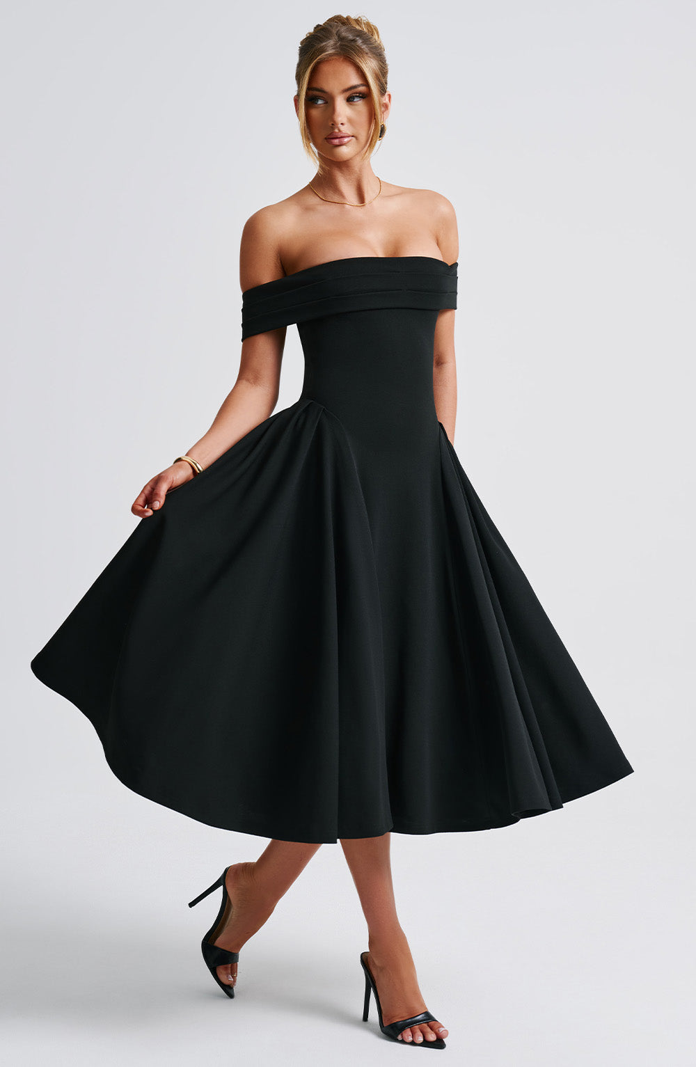 Moa Off-Shoulder Midi Dress – Structured Elegance