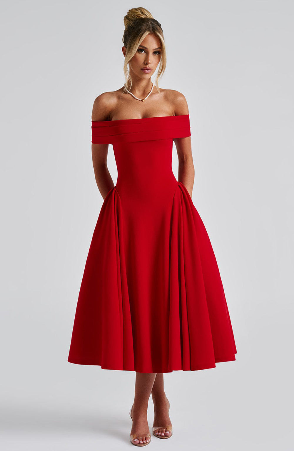 Moa Off-Shoulder Midi Dress – Structured Elegance