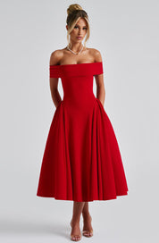 Moa Off-Shoulder Midi Dress – Structured Elegance