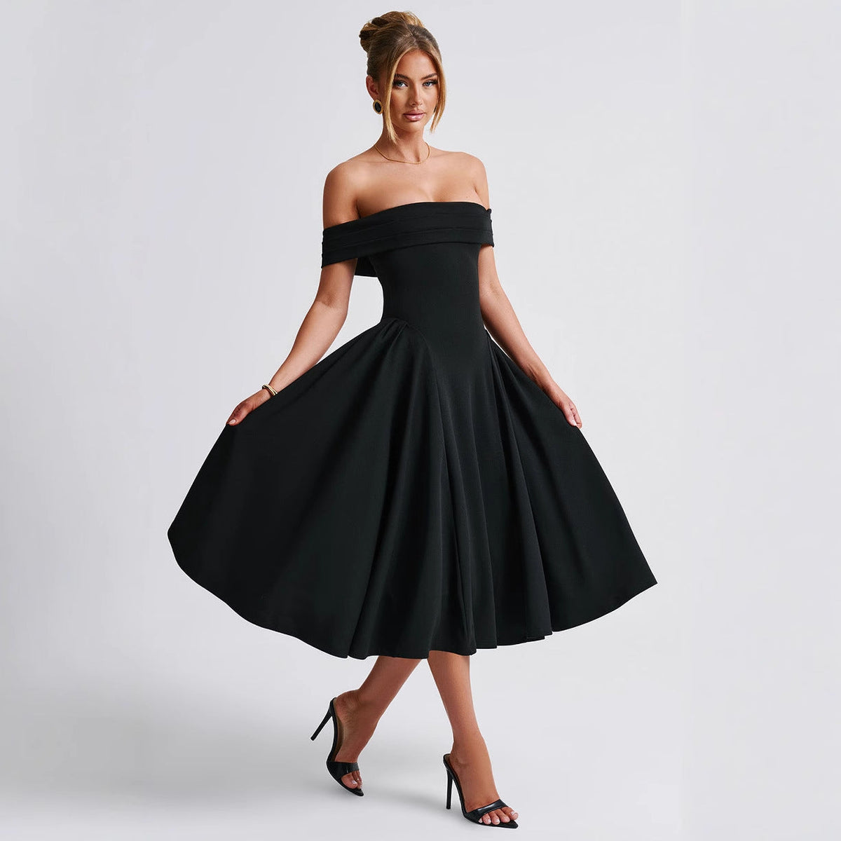 Moa Off-Shoulder Midi Dress – Structured Elegance