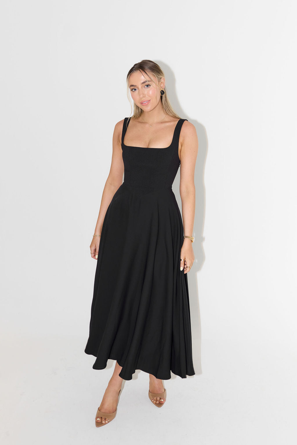 Sophie Midi Dress with Square Neckline & Sleeveless Design
