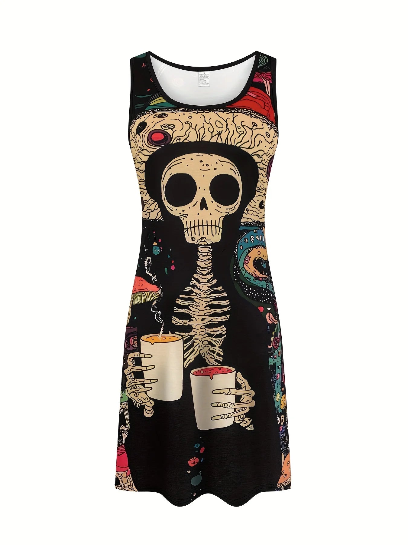 Sleeveless A-Line Midi Dress with Skeleton Print