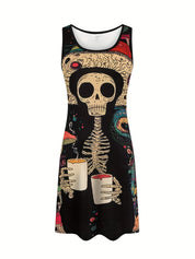 Sleeveless A-Line Midi Dress with Skeleton Print