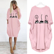 Loose Long-Sleeve Pocket Dress with Cat Print