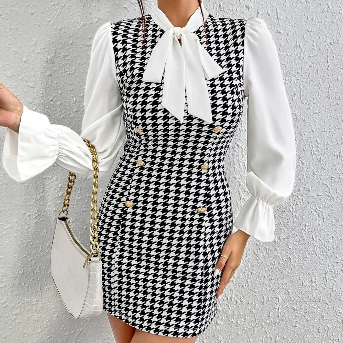 Houndstooth Contrast Dress with Long Sleeves and Bow Tie