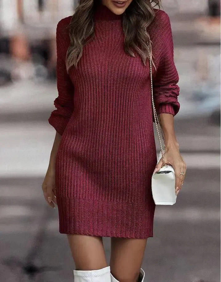 High Collar Ribbed Knitted Sweater Dress