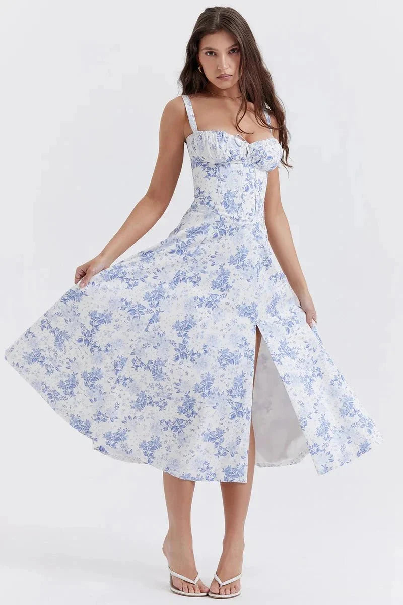 Maya Floral Bustier Midi Dress with Side Slit